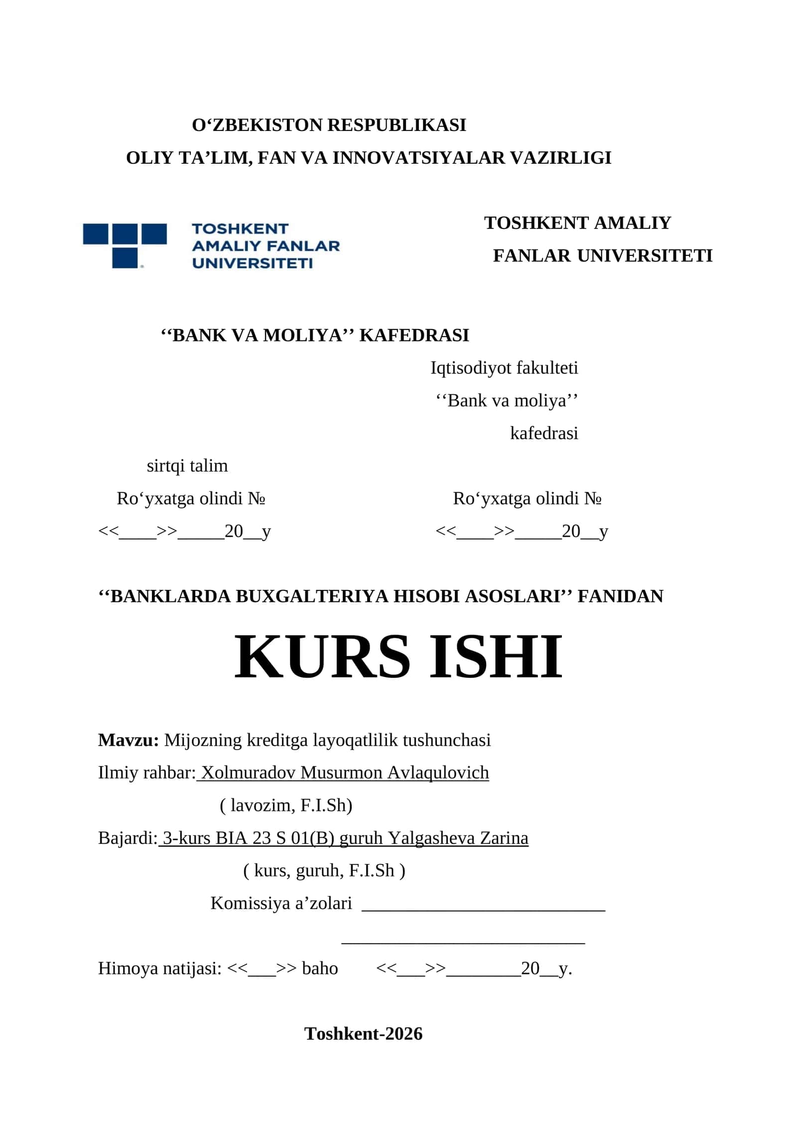 ‘‘BANKLARDA BUXGALTERIYA HISOBI ASOSLARI’’ FANIDAN KURS ISHI 1