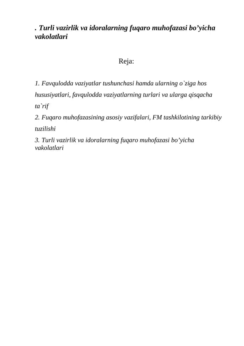 . Turli vazirlik va idoralarning fuqaro muhofazasi bo’yicha vakolatlari 1