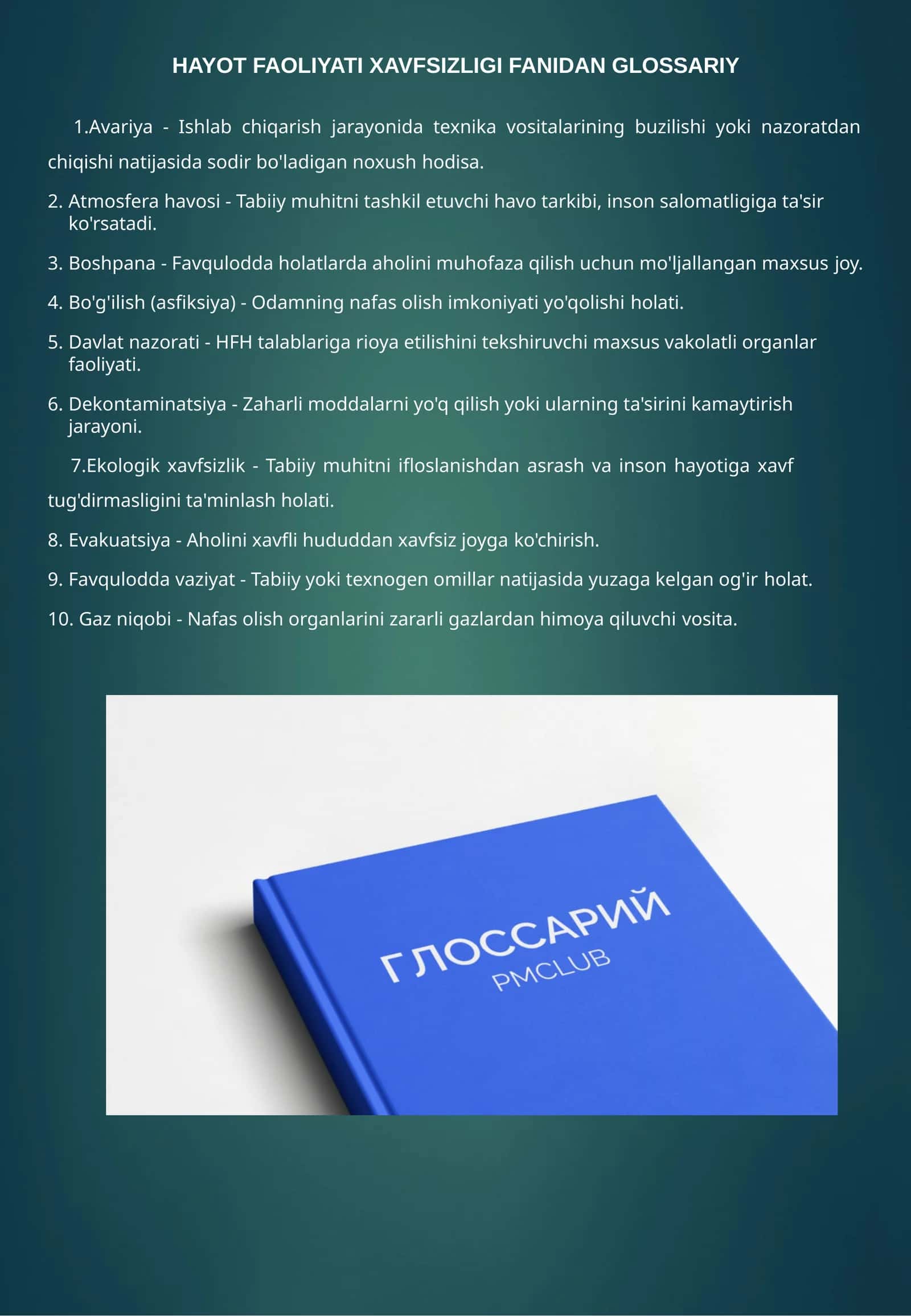 HAYOT FAOLIYATI XAVFSIZLIGI FANIDAN GLOSSARIY 1