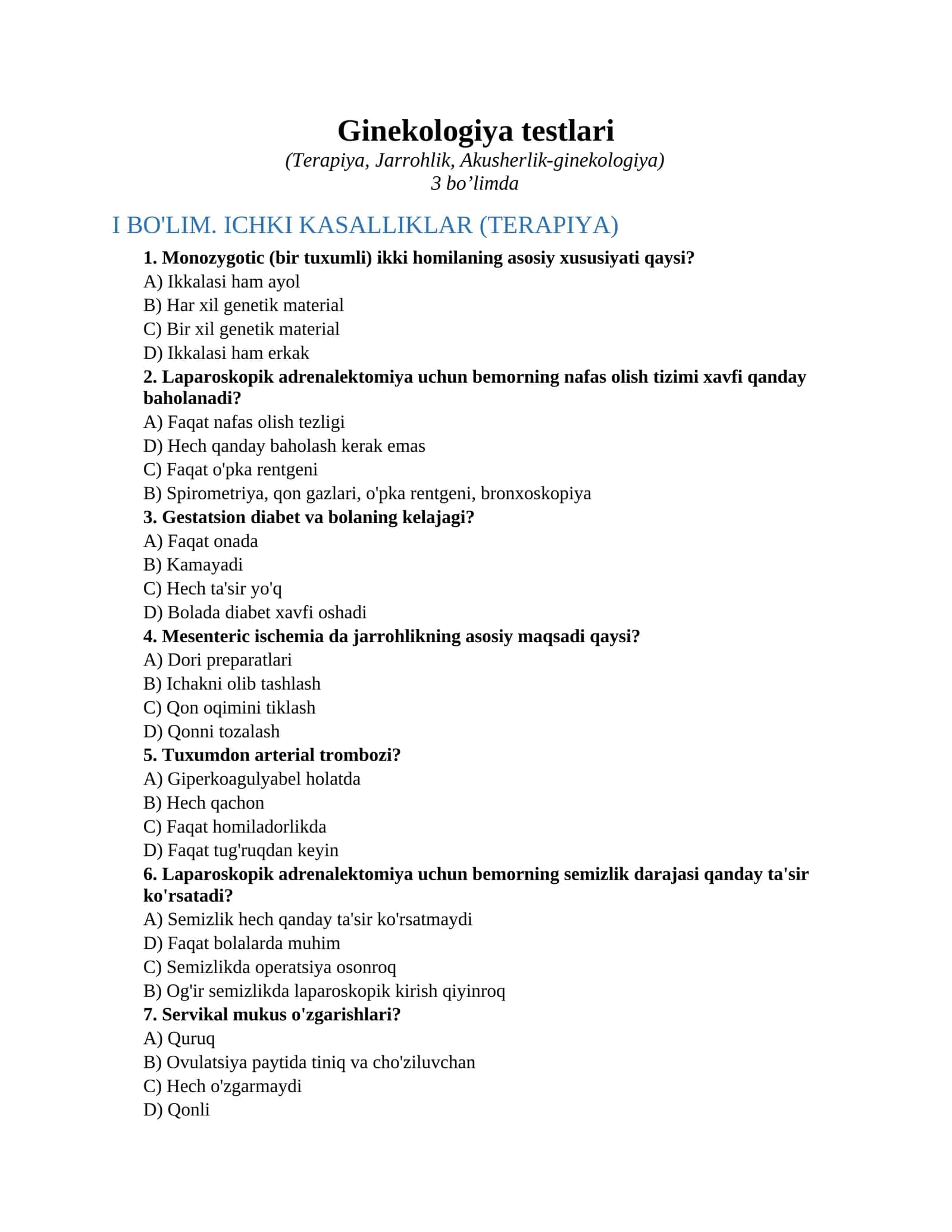 Ginekologiya testlari 1