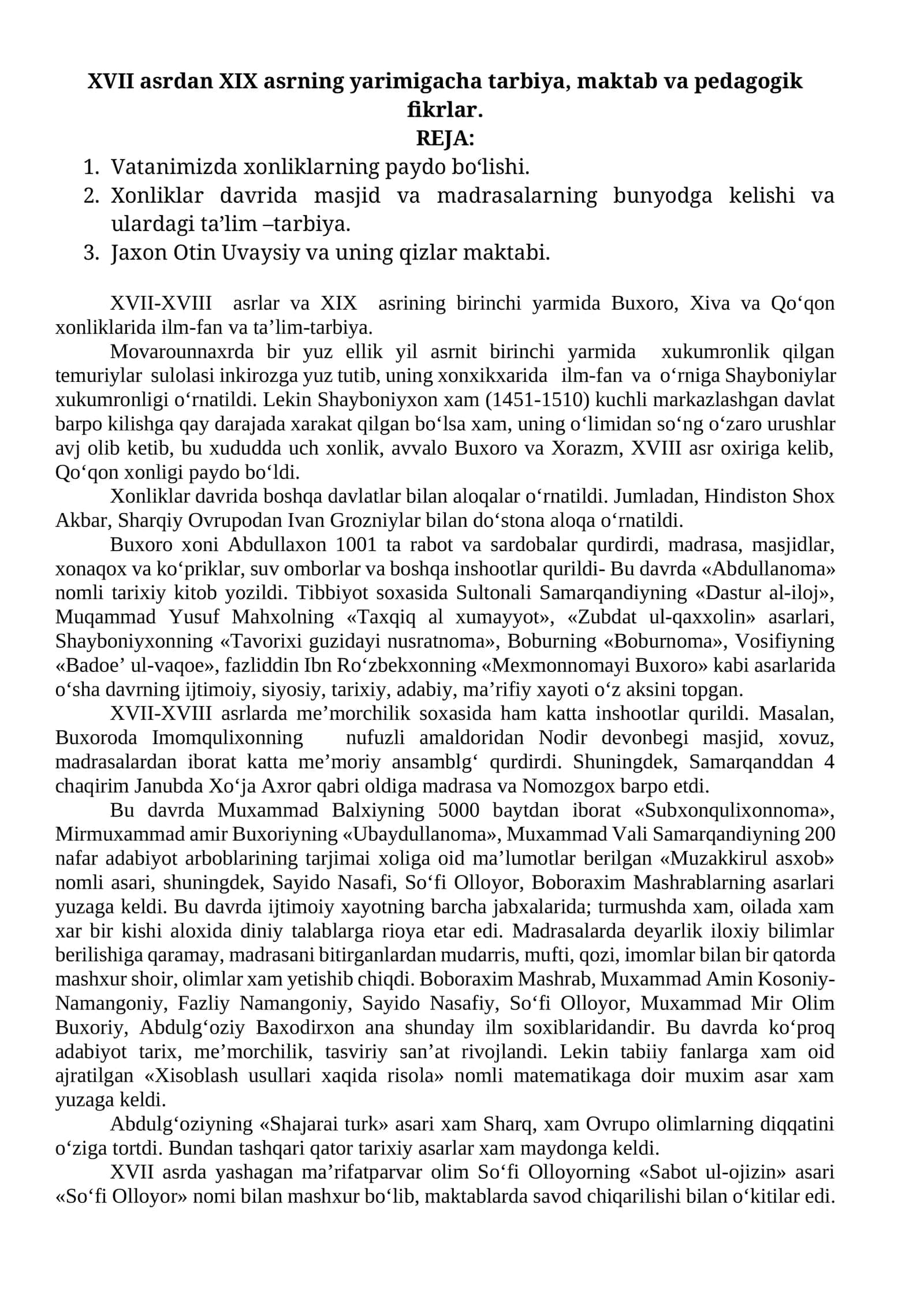 XVII asrdan XIX asrning yarimigacha tarbiya, maktab va pedagogik fikrlar 1