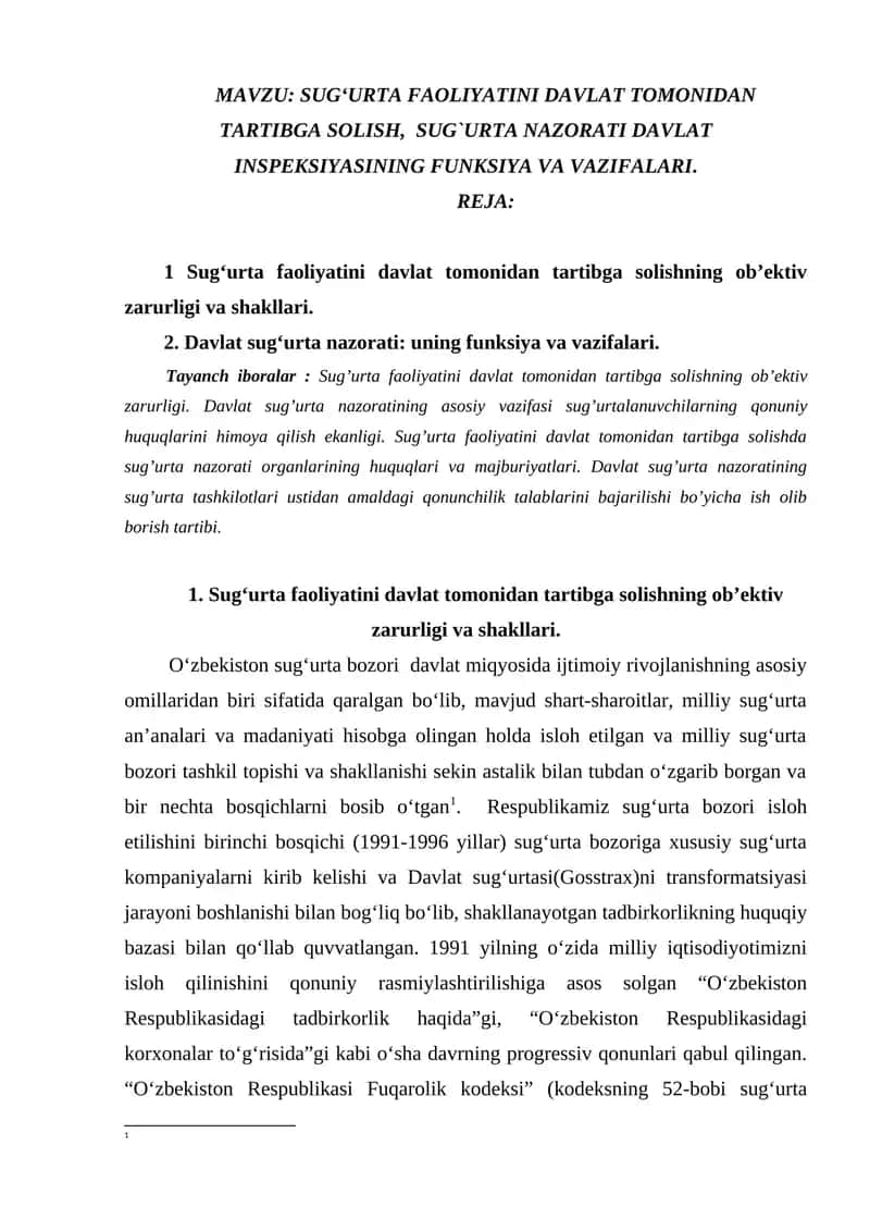 SUG‘URTA FAOLIYATINI DAVLAT TOMONIDAN TARTIBGA SOLISH, SUG`URTA NAZORATI DAVLAT INSPEKSIYASINING FUNKSIYA VA VAZIFALARI 1