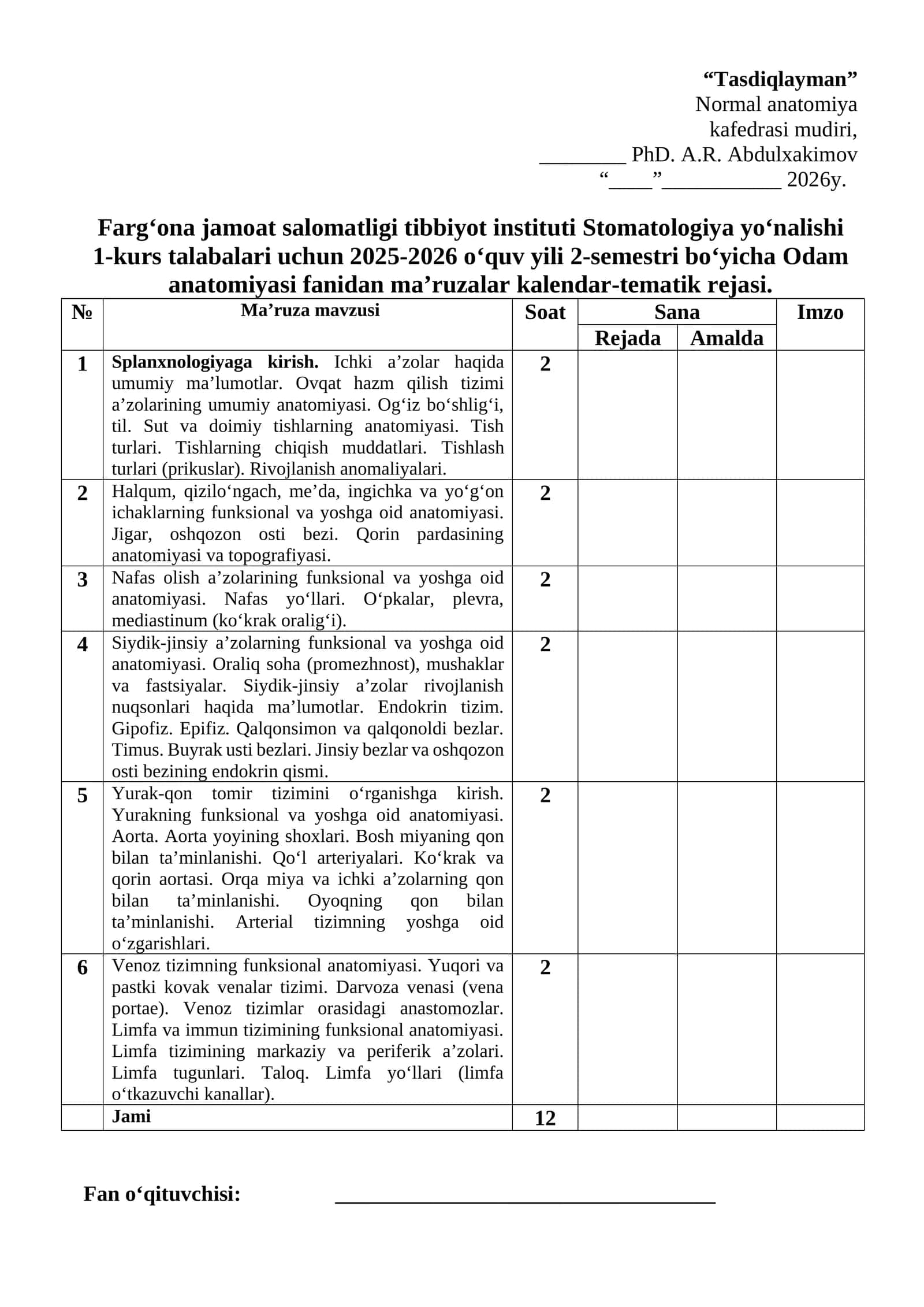 Odam anatomiyasi fanidan ma’ruzalar kalendar-tematik rejasi 1
