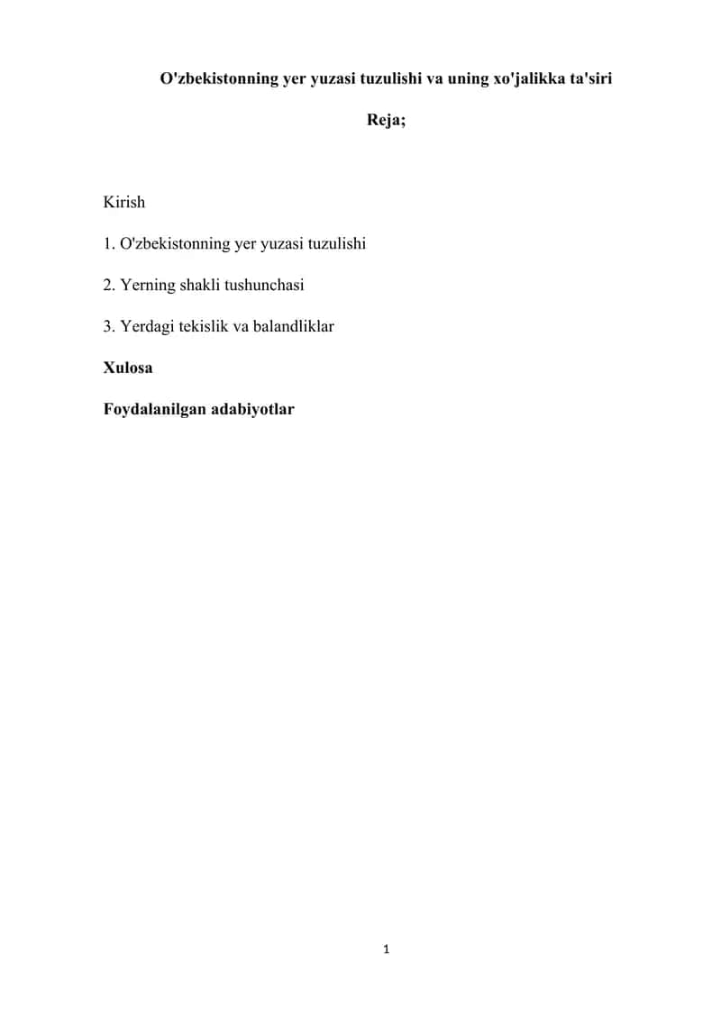 O'zbekistonning yer yuzasi tuzulishi va uning xo'jalikka ta'siri 1