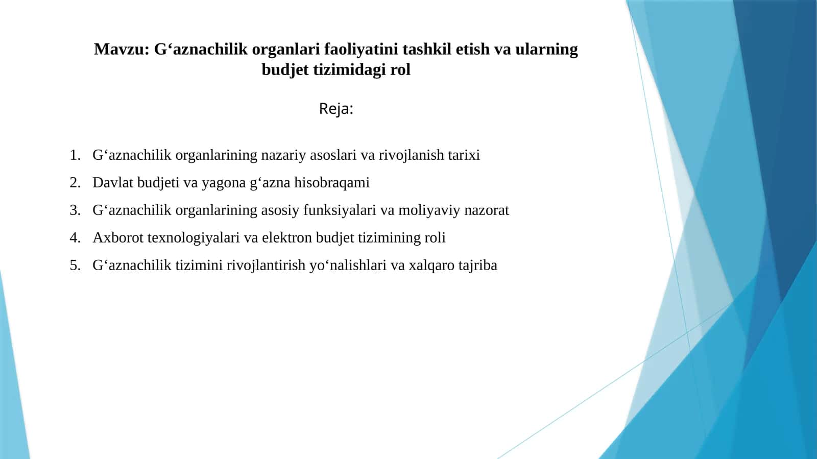 Gʻaznachilik organlari faoliyatini tashkil etish va ularning budjet tizimidagi roli 1