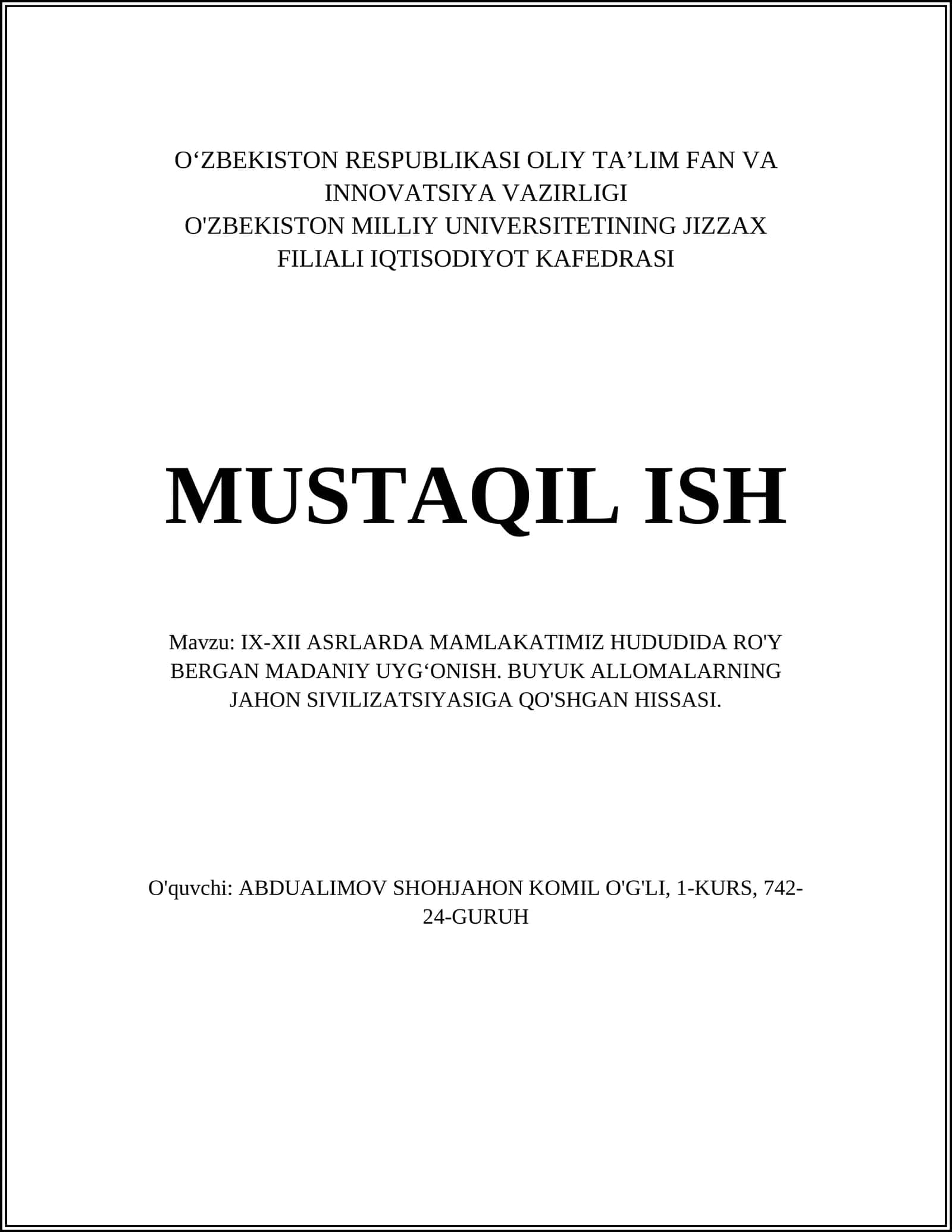 IX-XII asrlarda mamlakatimiz hududida ro'y bergan madaniy uyg‘onish 1