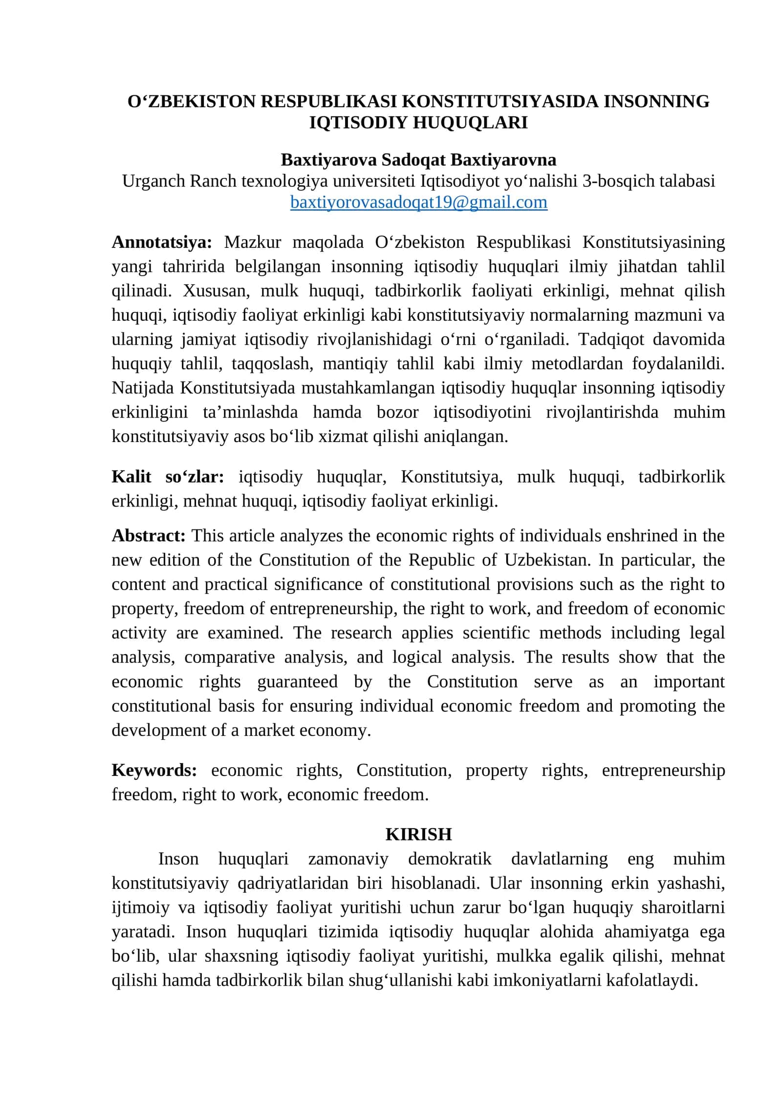 OʻZBEKISTON RESPUBLIKASI KONSTITUTSIYASIDA INSONNING IQTISODIY HUQUQLARI 1
