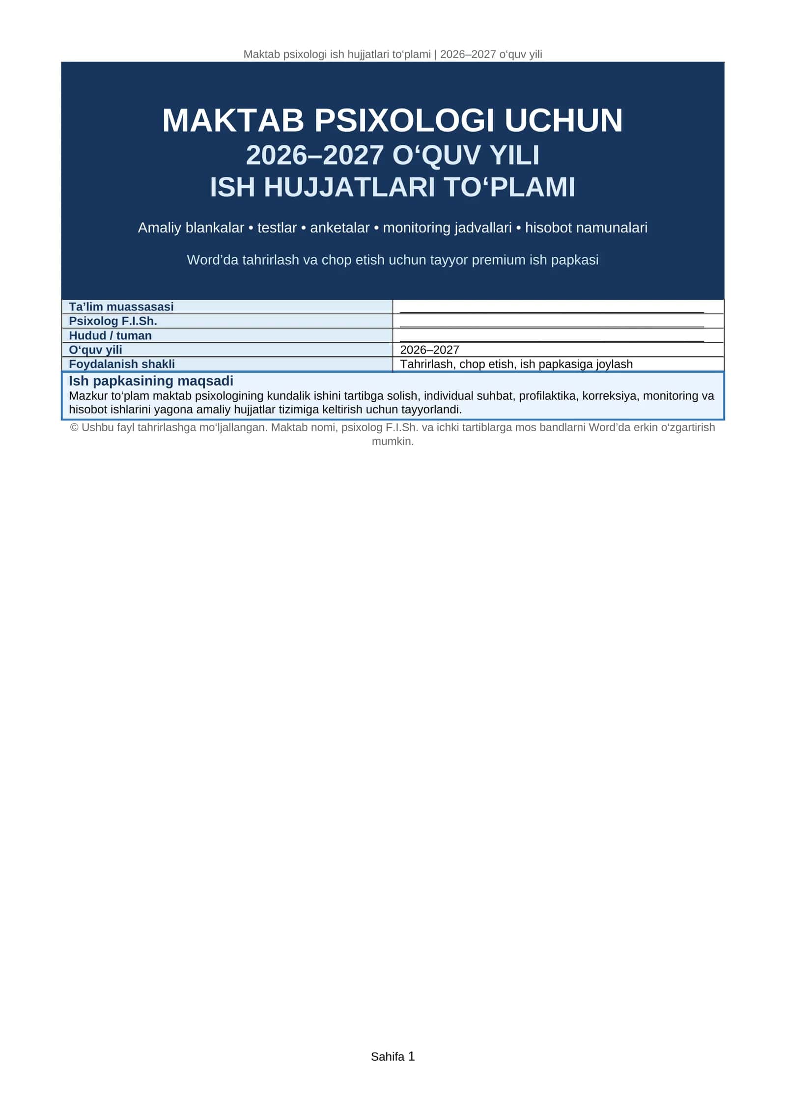 Maktab psixologi ish hujjatlari to‘plami | 2026–2027 o‘quv yili 1
