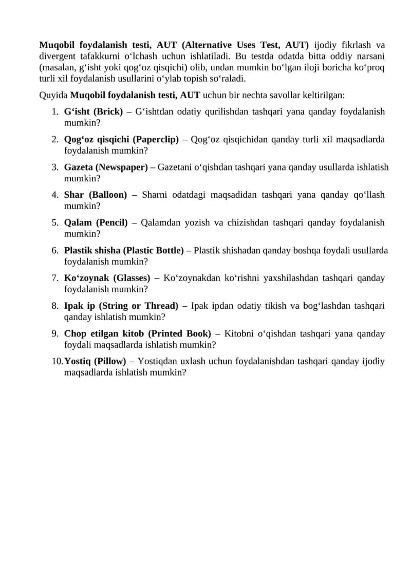 Muqobil foydalanish testi (Alternative Uses Test) 1