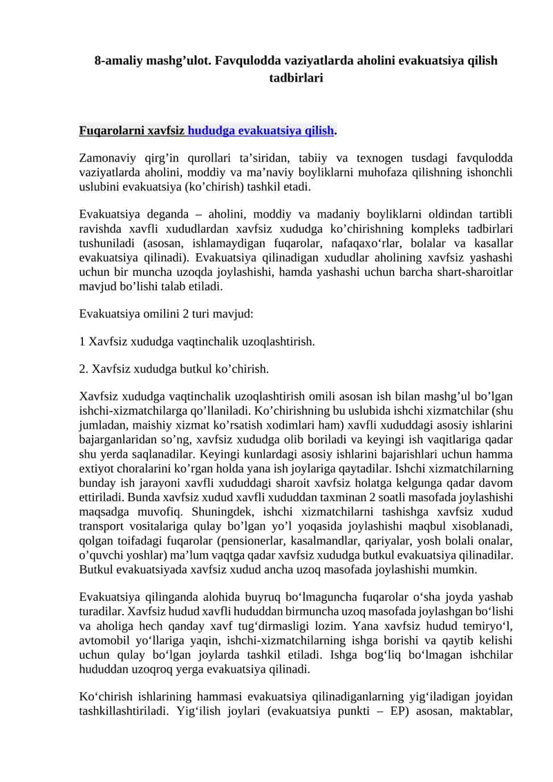 Evakuatsiya Tadbirlari 1