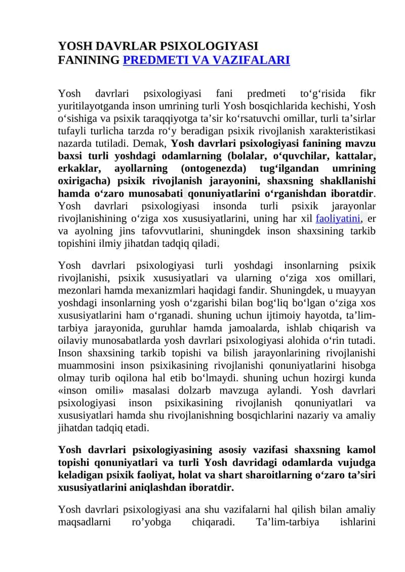 Yosh davrlari psixologiyasi fanining PREDMETI VA VAZIFALARI 1