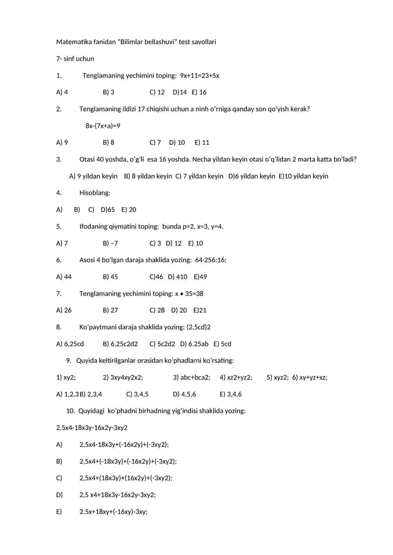 Matematika fanidan “Bilimlar bellashuvi” test savollari 1