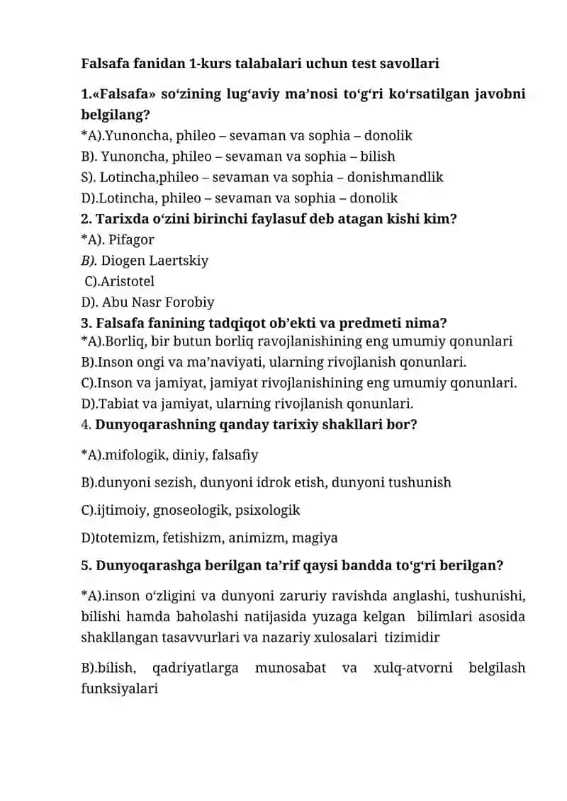 Falsafa fanidan 1-kurs talabalari uchun test savollari