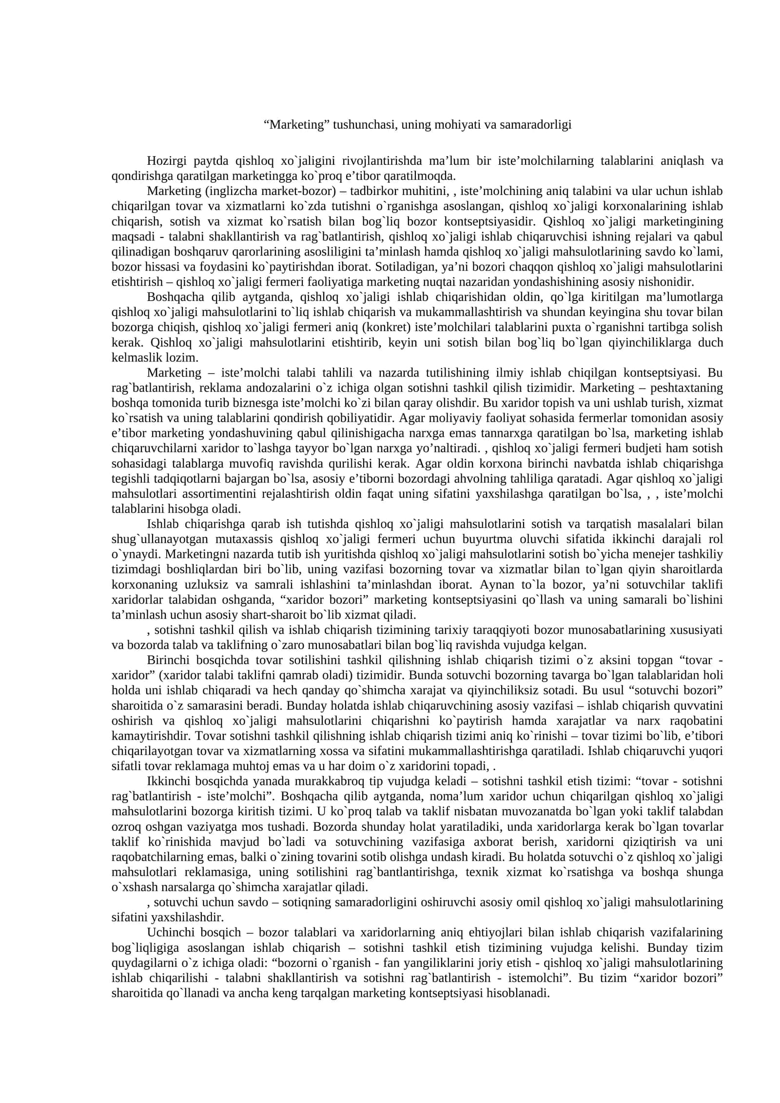Markеting tushunchasi, uning mohiyati va samaradorligi 1