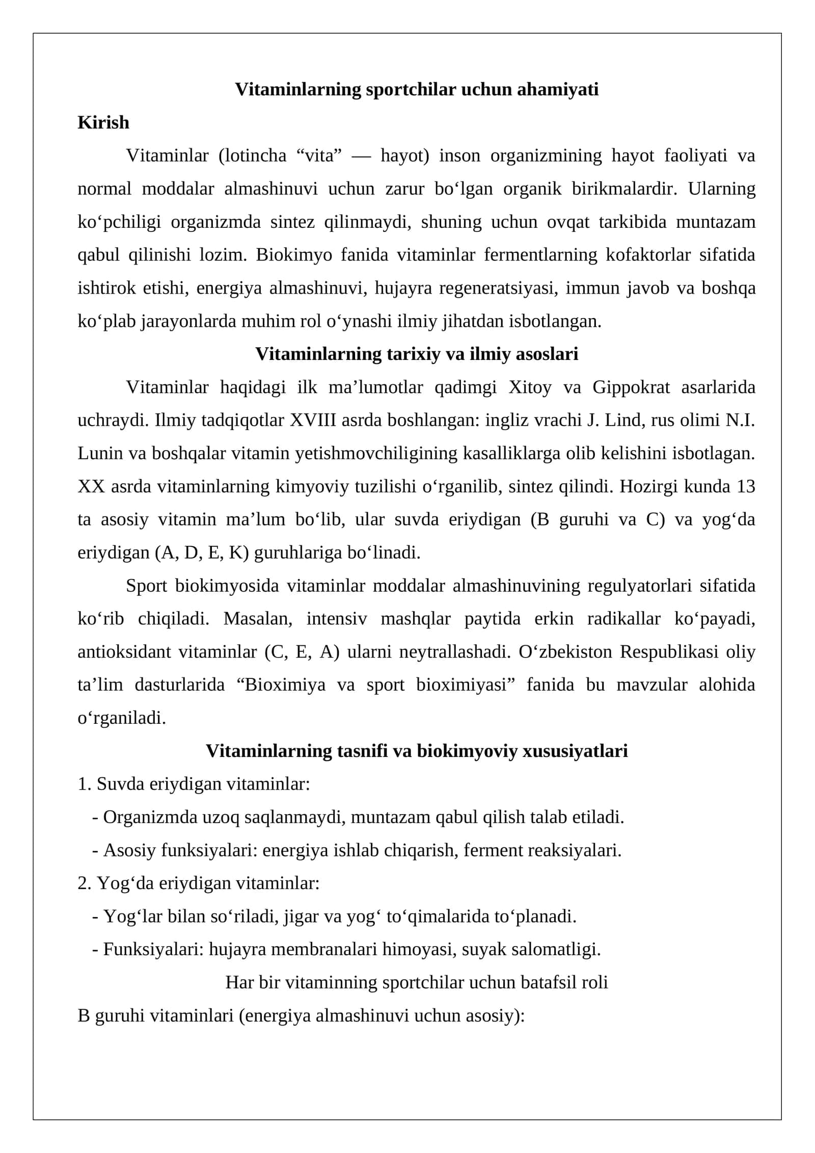 Vitaminlarning sportchilar uchun ahamiyati esse 1