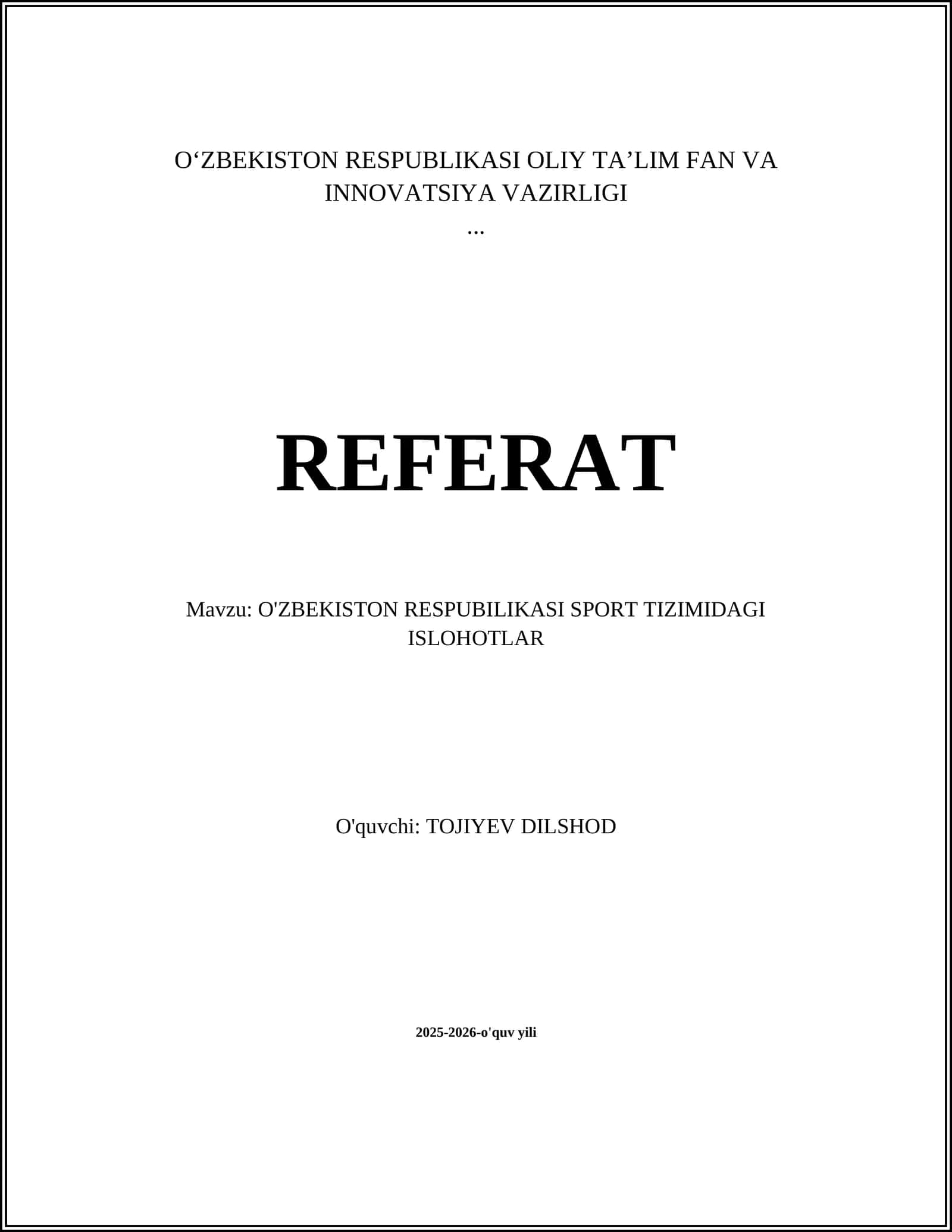 O'ZBEKISTON RESPUBILIKASI SPORT TIZIMIDAGI ISLOHOTLAR 1