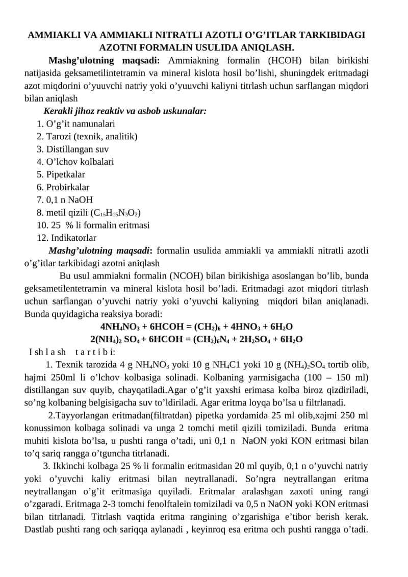 Ammiakli va ammiakli nitratli azotli o’g’itlar tarkibidagi azotni formalin usulida aniq 1