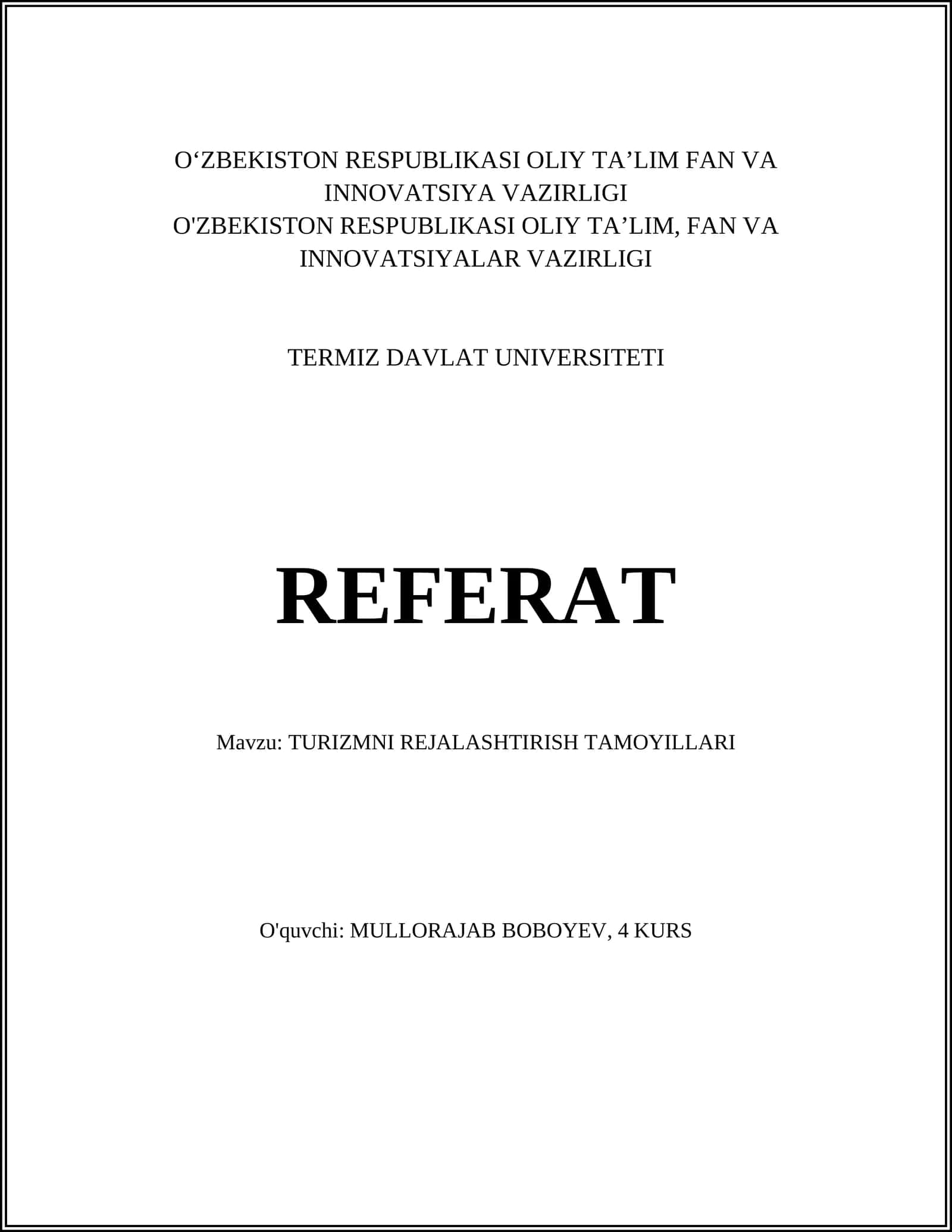 TURIZMNI REJALASHTIRISH TAMOYILLARI 1