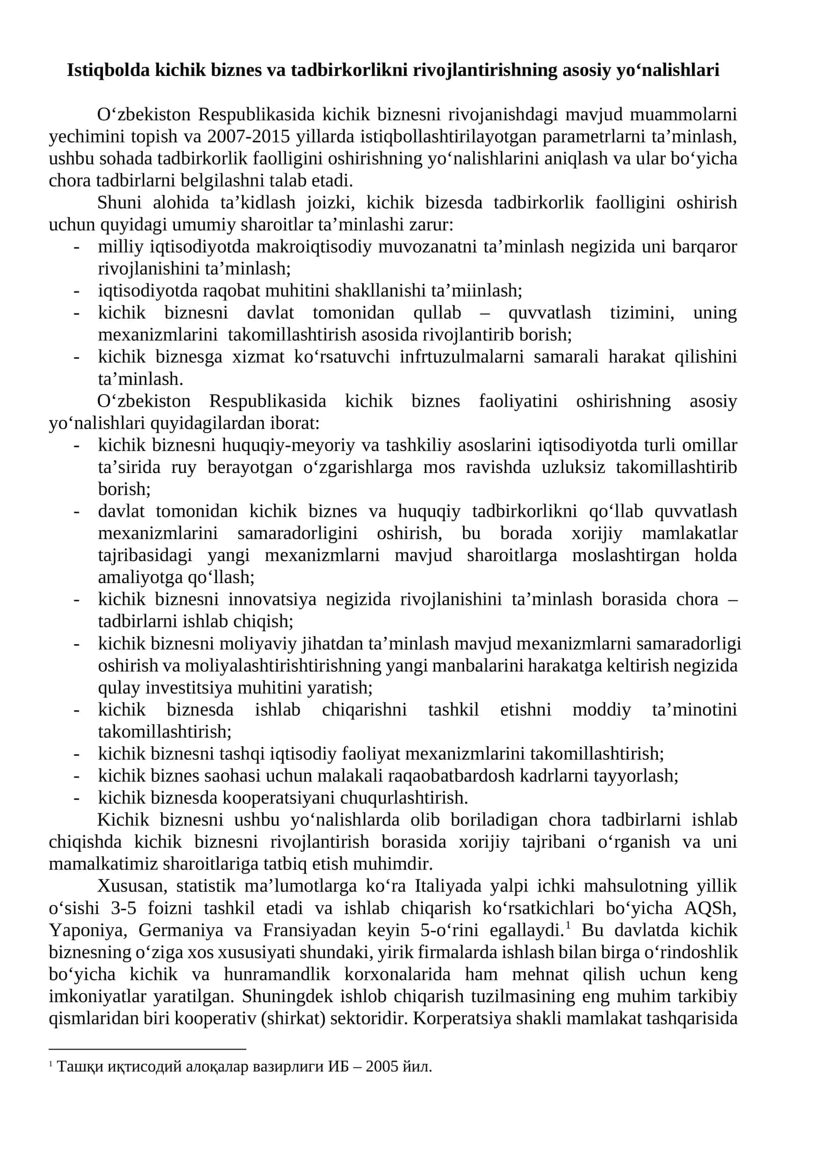 Istiqbolda kichik biznes va tadbirkorlikni rivojlantirishning asosiy yo‘nalishlari 1