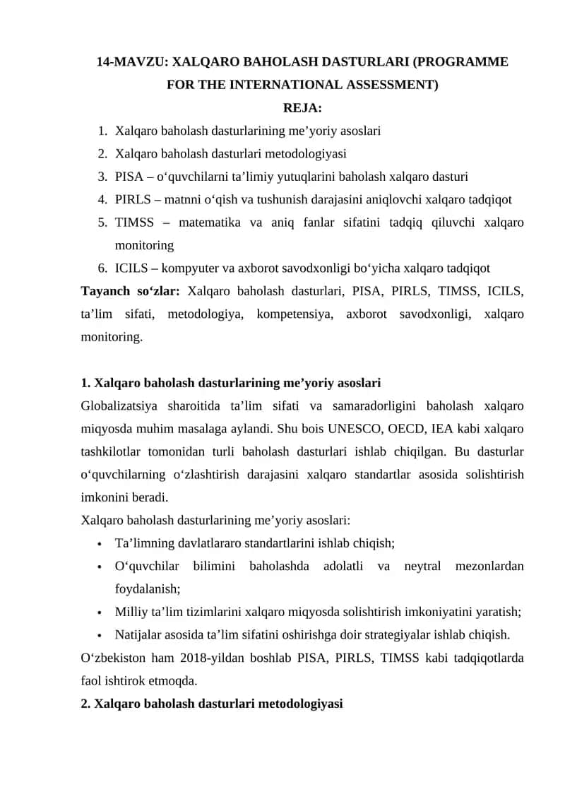 XALQARO BAHOLASH DASTURLARI (PROGRAMME FOR THE INTERNATIONAL ASSESSMENT) 1