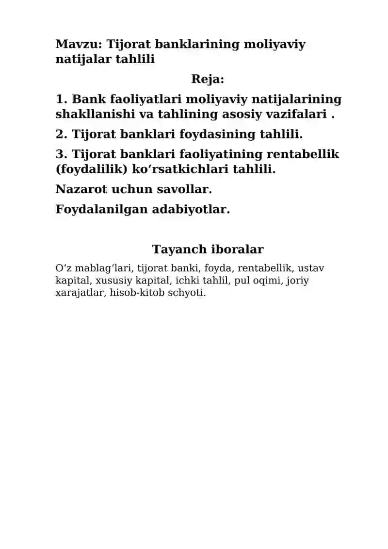 Tijorat banklarining moliyaviy natijalar tahlili