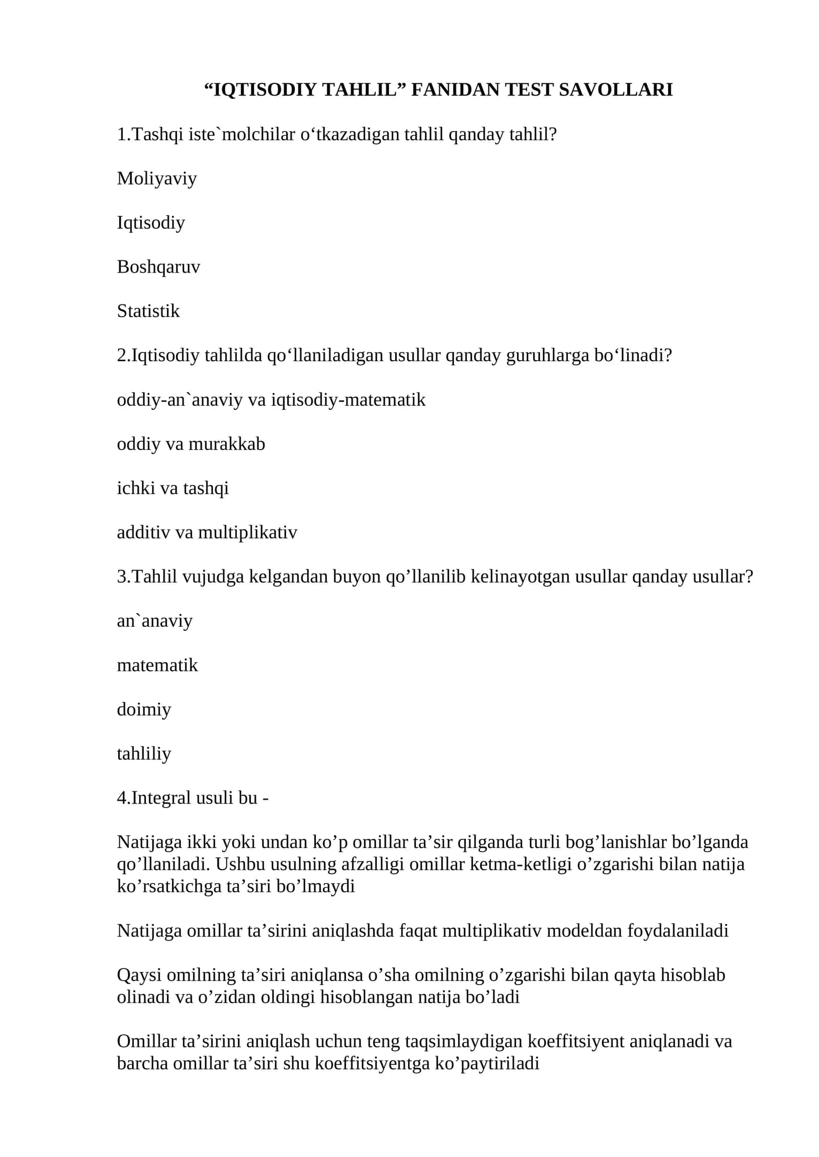 IQTISODIY TAHLIL FANIDAN TEST SAVOLLARI 1
