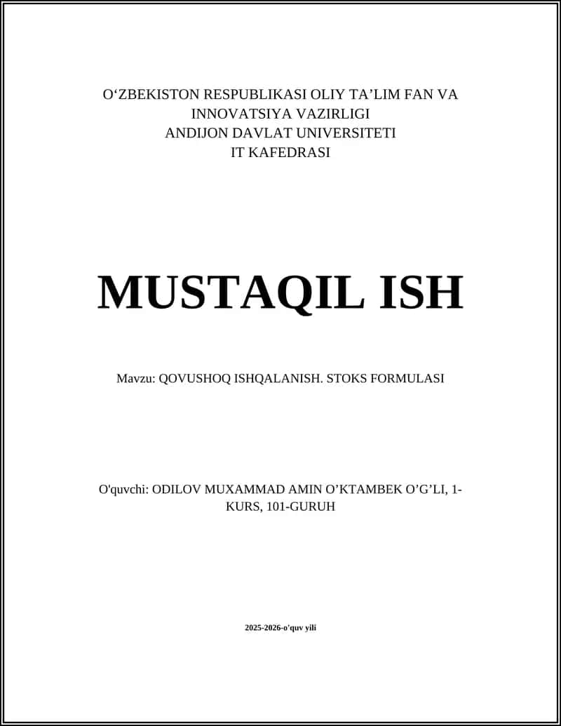 QOVUSHOQ ISHQALANISH. STOKS FORMULASI 1