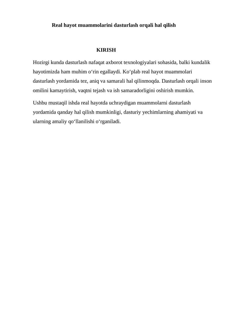Real hayot muammolarini dasturlash orqali hal qilish 1