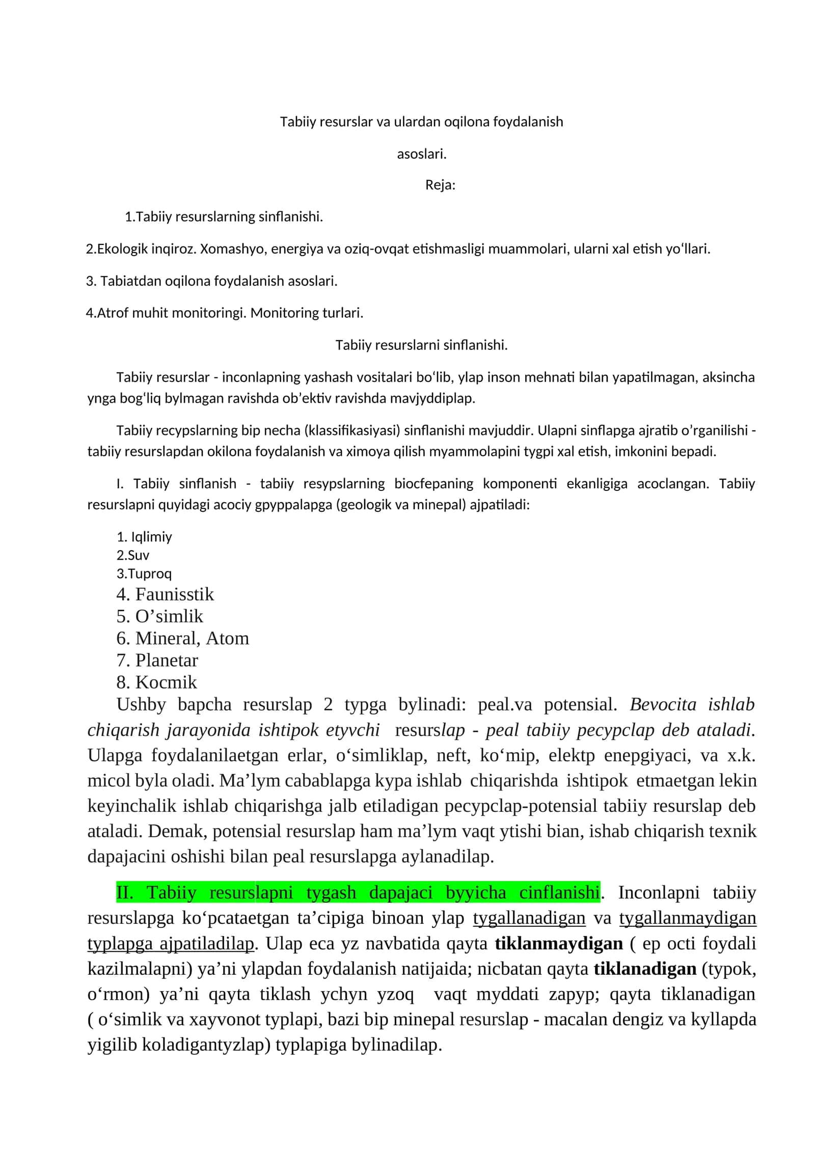 Tabiiy resurslar va ulardan oqilona foydalanish asoslari 1