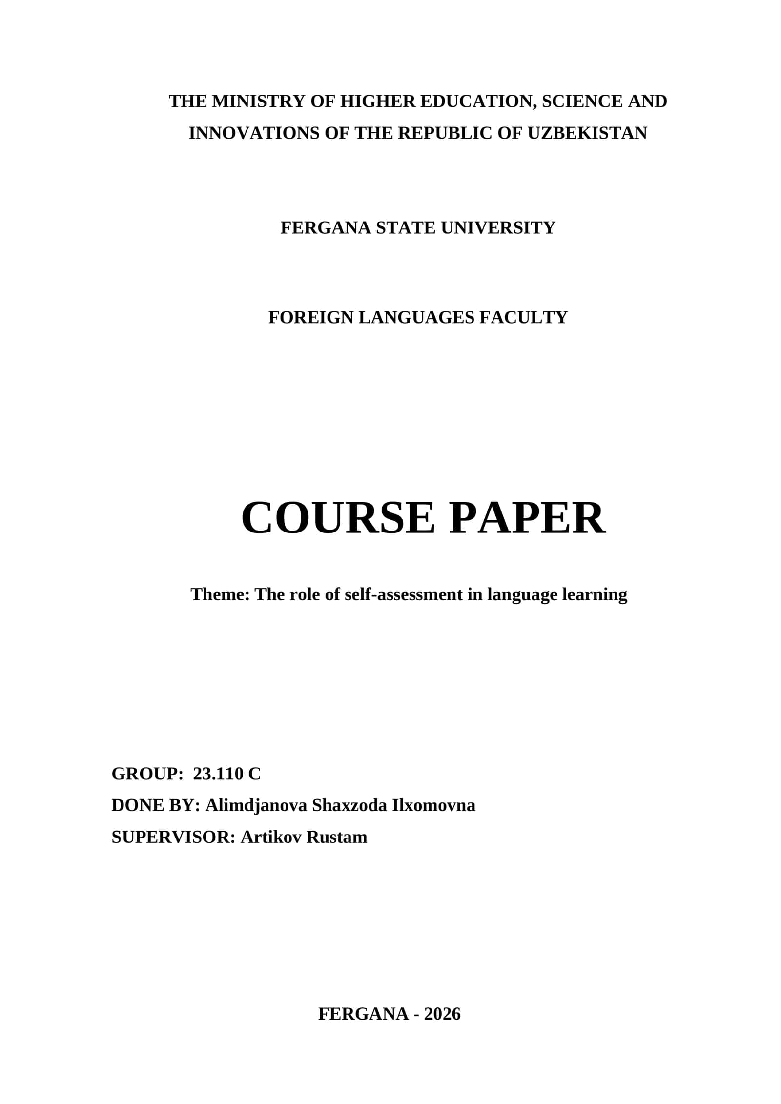 Course Paper: The Role of Self-Assessment in Language Learning 1