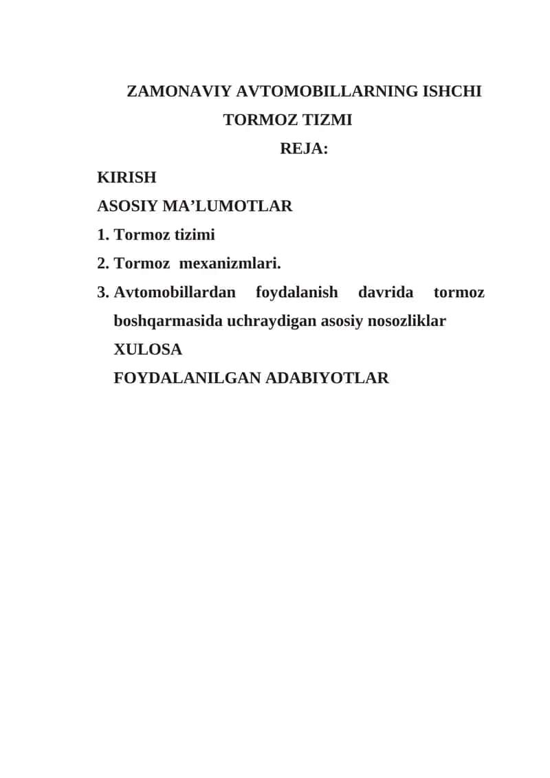 ZAMONAVIY AVTOMOBILLARNING ISHCHI TORMOZ TIZMI 1
