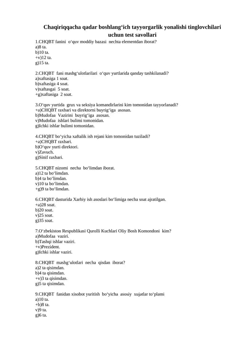 CHQBT fanidan test savollari 1