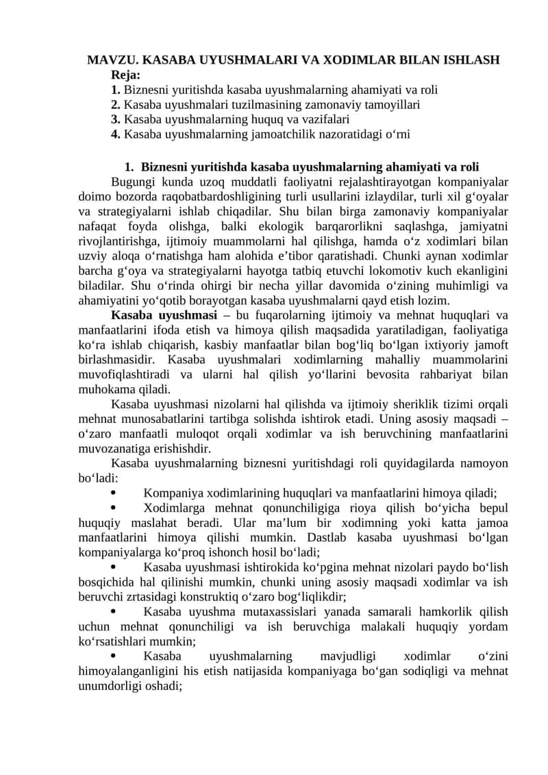Kasaba Uyushmalari va Xodimlar Bilan Ishlash 1