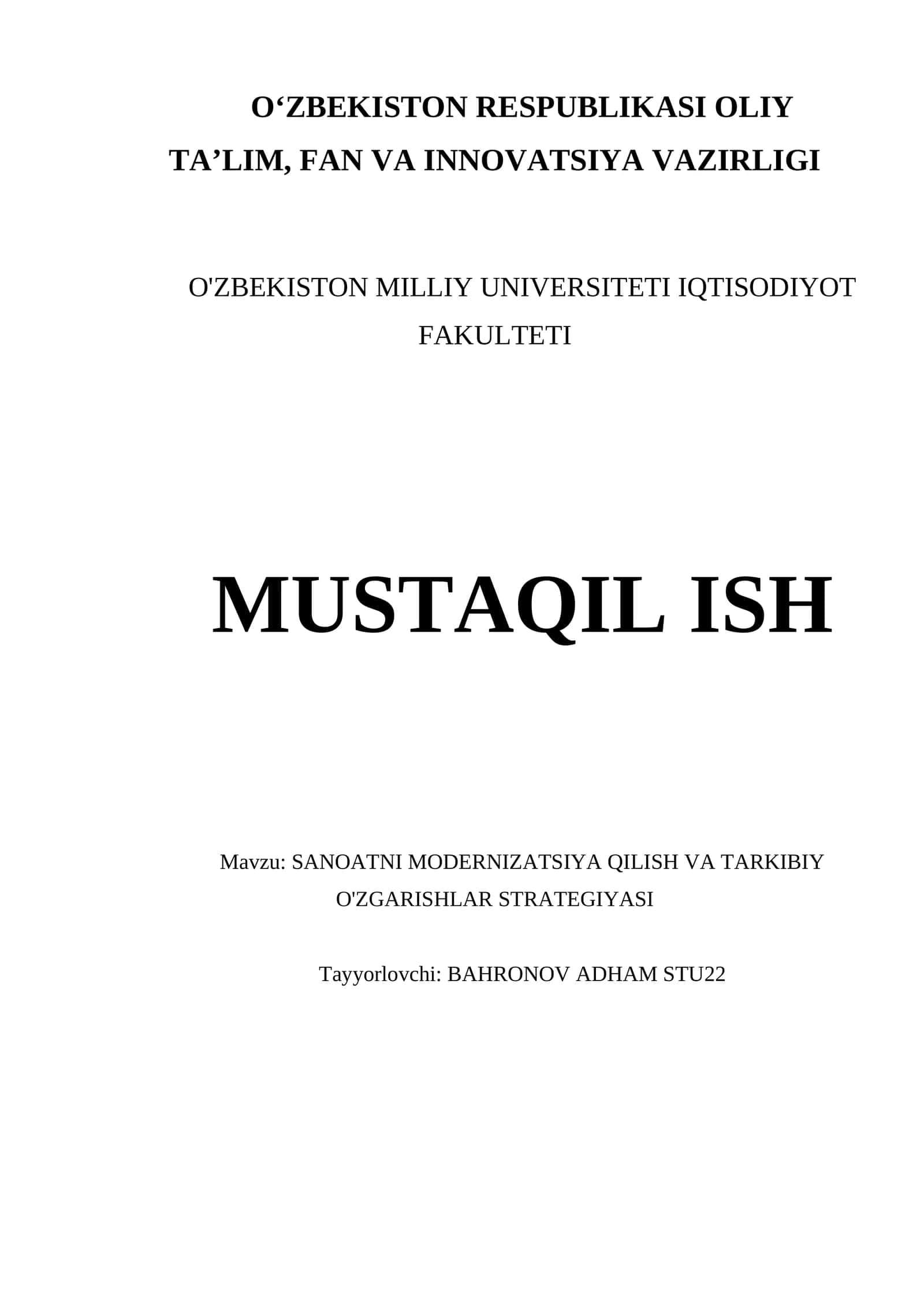 SANOATNI MODERNIZATSIYA QILISH VA TARKIBIY O'ZGARISHLAR STRATEGIYASI 1
