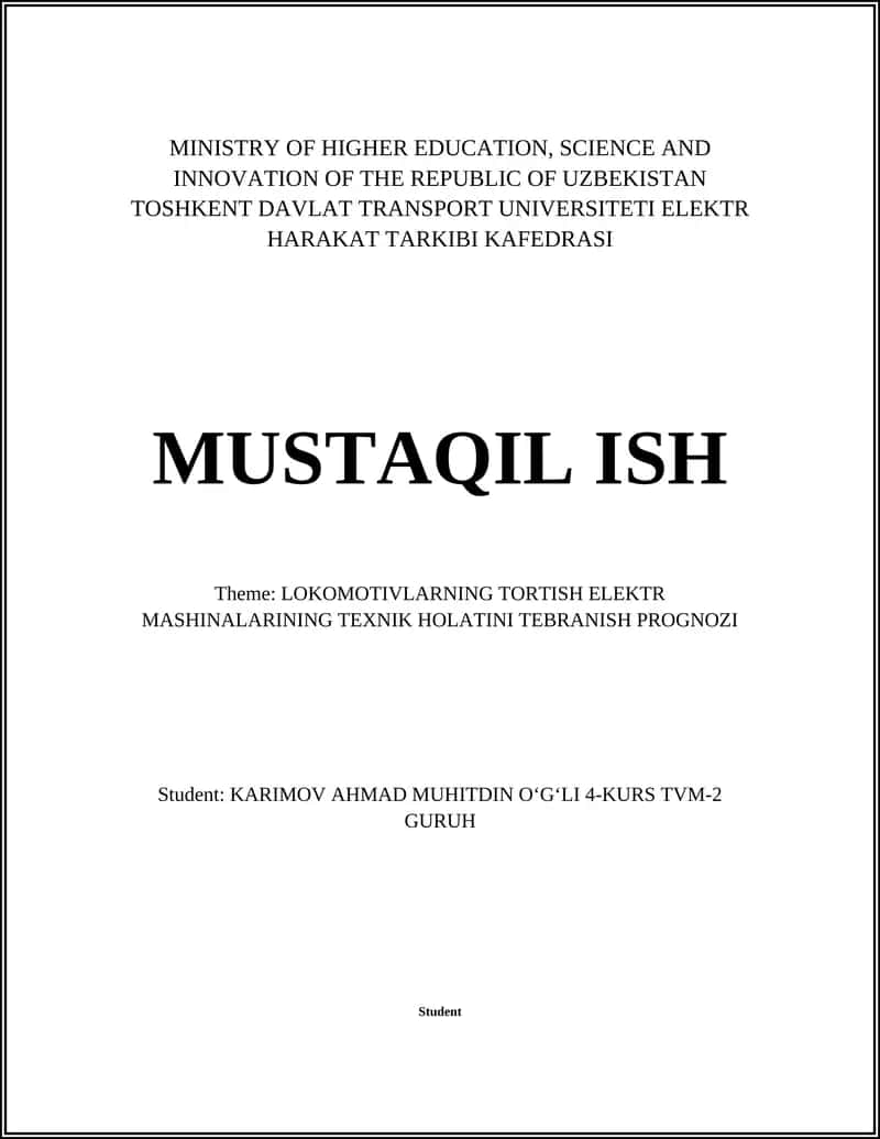 LOKOMOTIVLARNING TORTISH ELEKTR MASHINALARINING TEXNIK HOLATINI TEBRANISH PROGNOZI 1