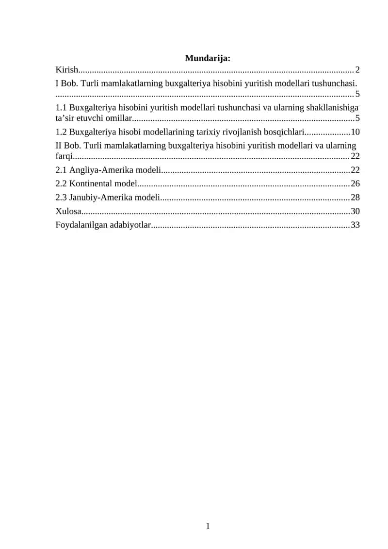 Turli mamlakatlarning buxgalteriya hisobini yuritish modellari tushunchasi  KURS ISHI 1