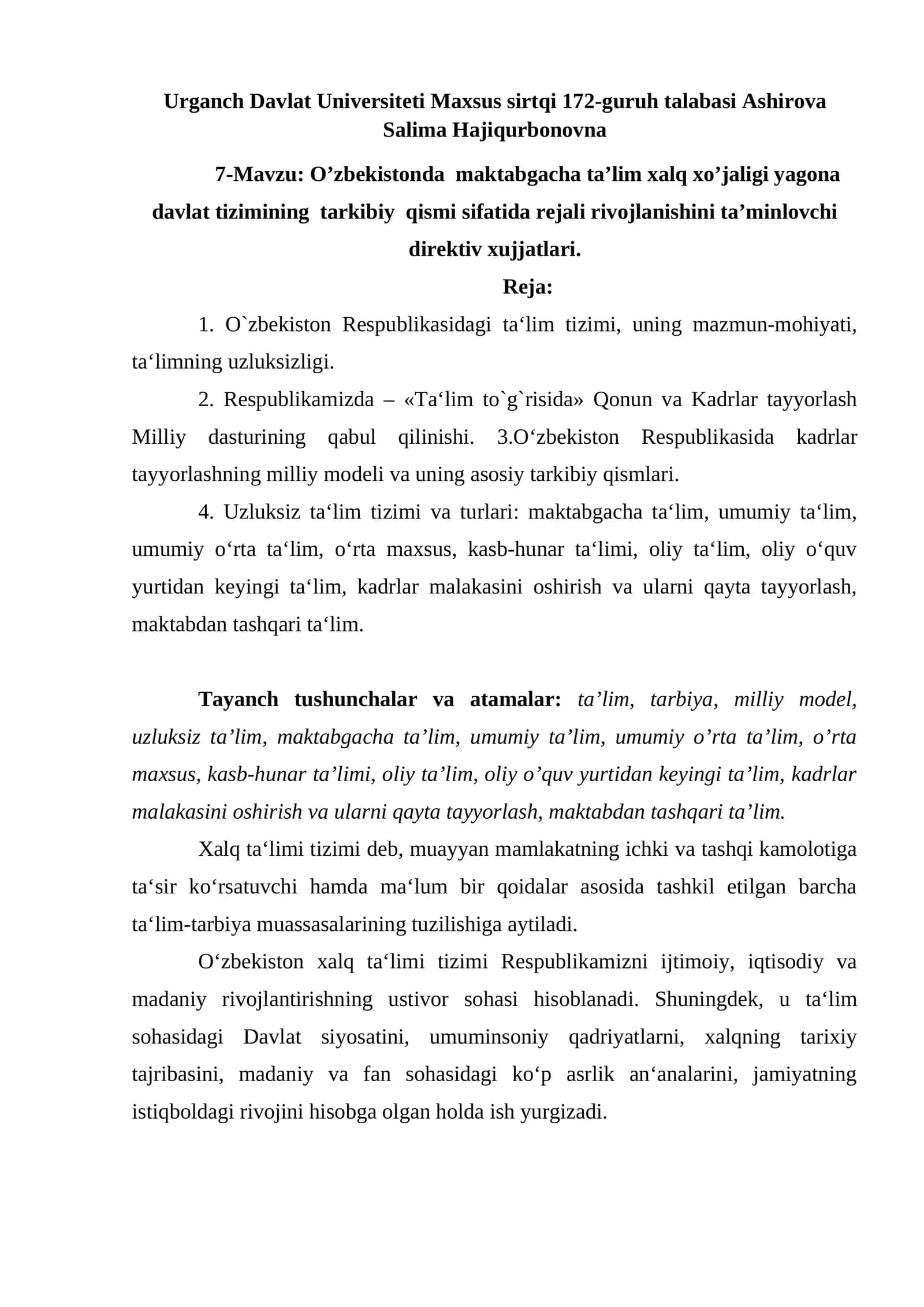 O‘zbekistonda maktabgacha ta’lim xalq xo’jaligi yagona davlat tizimining tarkibiy qismi sifatida rejali rivojlanishini ta’minlovchi direktiv xujjatlari 1