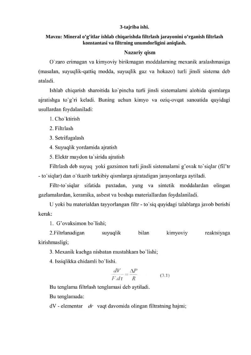 Mineral o’g’itlar ishlab chiqarishda filtrlash jarayonini o’rganish tajriba ishi 1