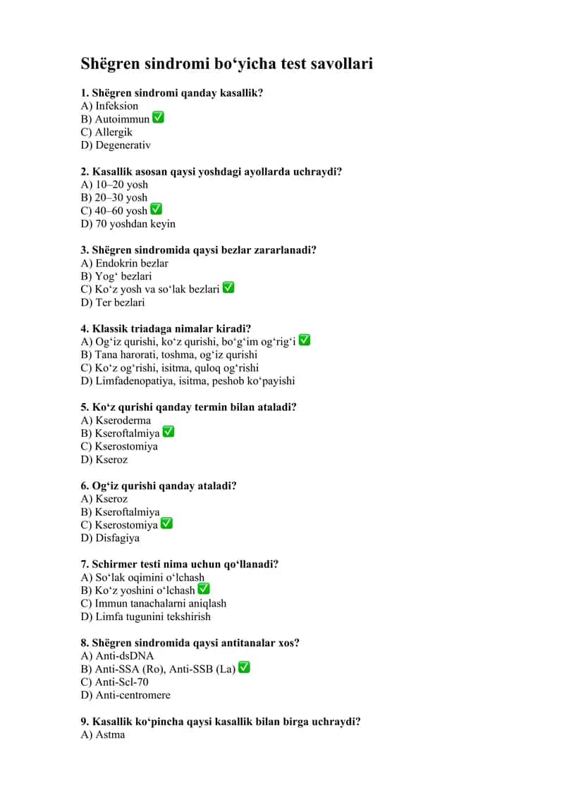 Shёgren sindromi bo‘yicha test savollari 1
