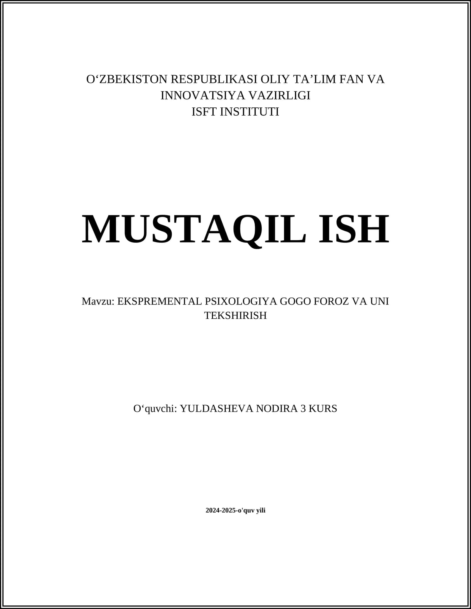EKSPREMENTAL PSIXOLOGIYA GOGO FOROZ VA UNI TEKSHIRISH 1