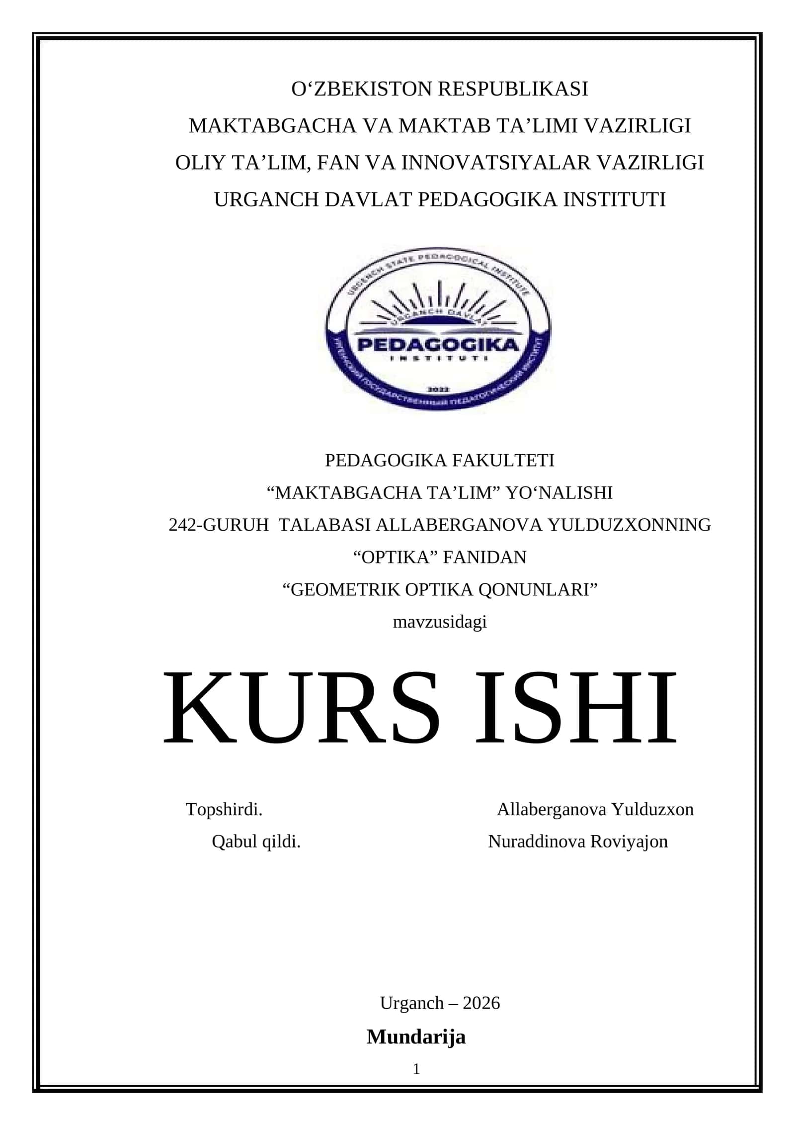 "GEOMETRIK OPTIKA QONUNLARI" KURS ISHI 1