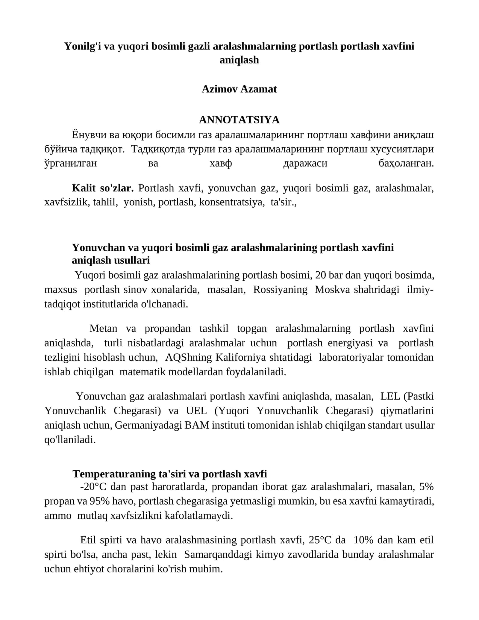 Yuqori bosimli gaz aralashmalarining portlash xavfini aniqlash usullari 1