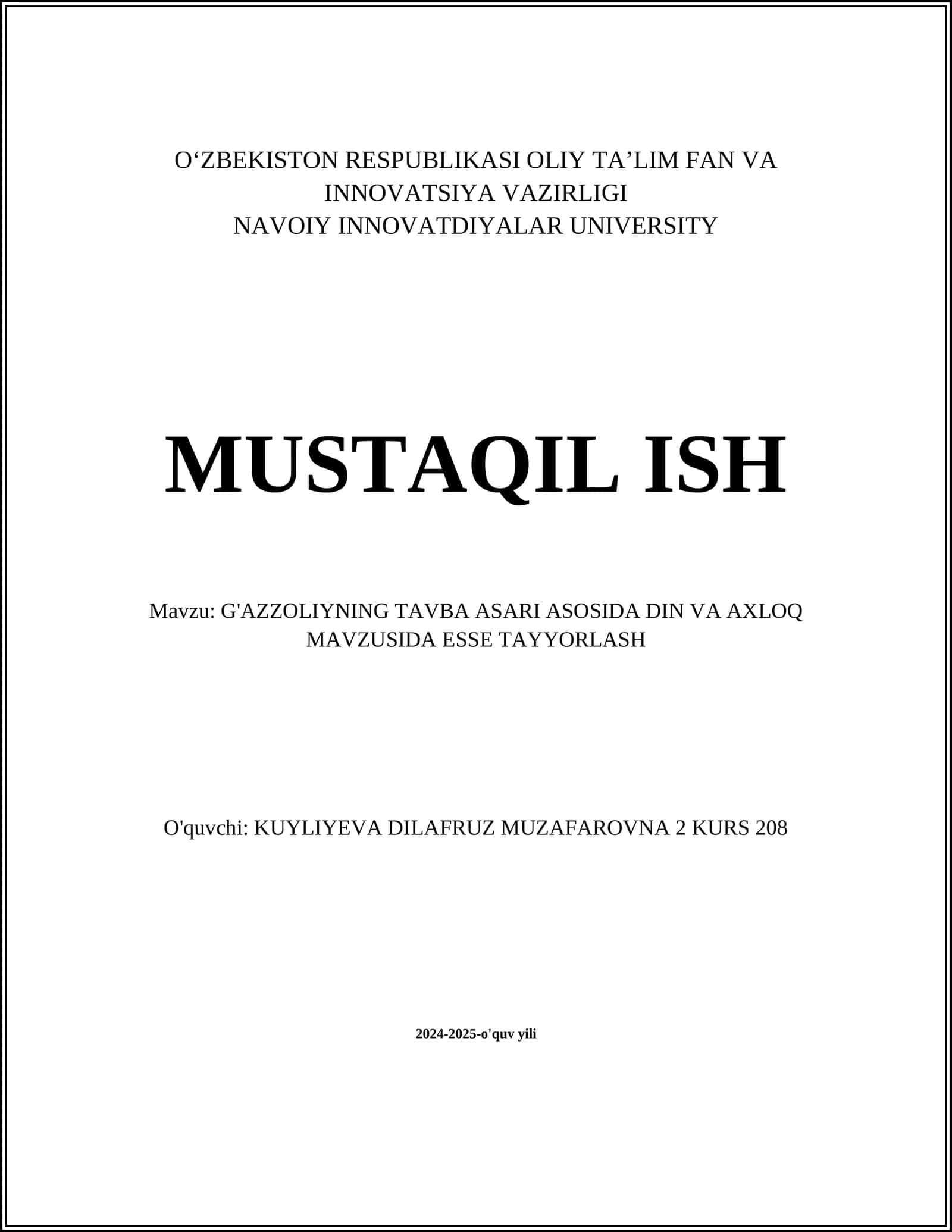 G'AZZOLIYNING TAVBA ASARI ASOSIDA DIN VA AXLOQ MAVZUSIDA ESSE TAYYORLASH 1