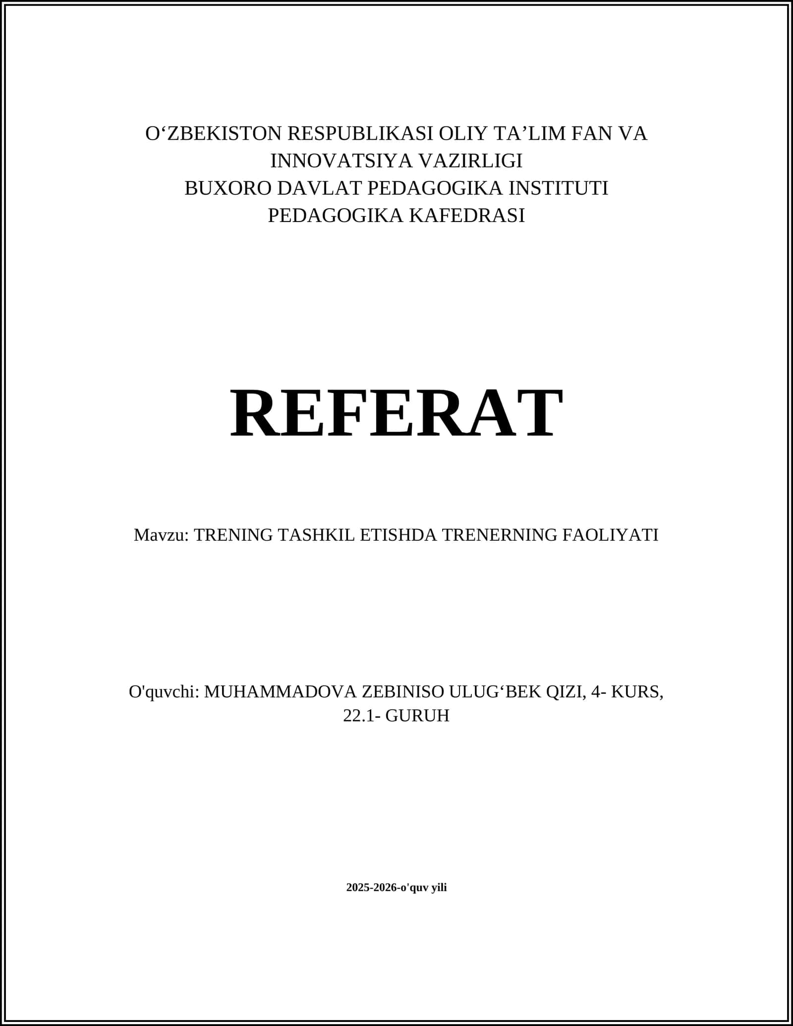 TRENING TASHKIL ETISHDA TRENERNING FAOLIYATI 1