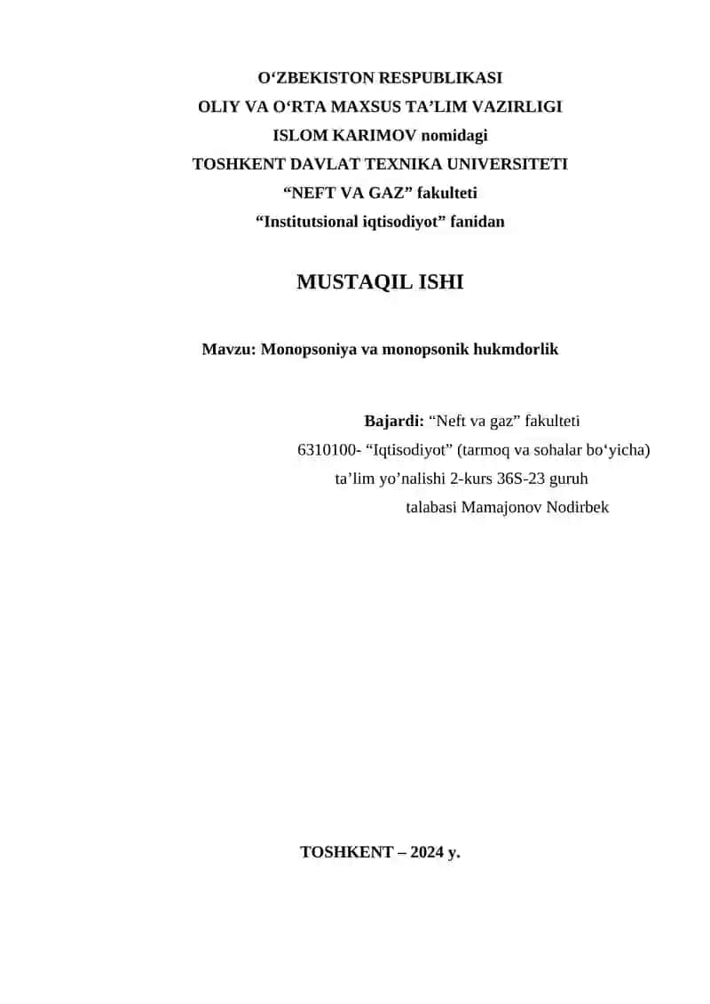 Monopsoniya va monopsonik hukmdorlik