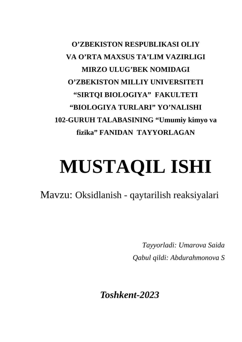 Oksidlanish - qaytarilish reaksiyalari 1