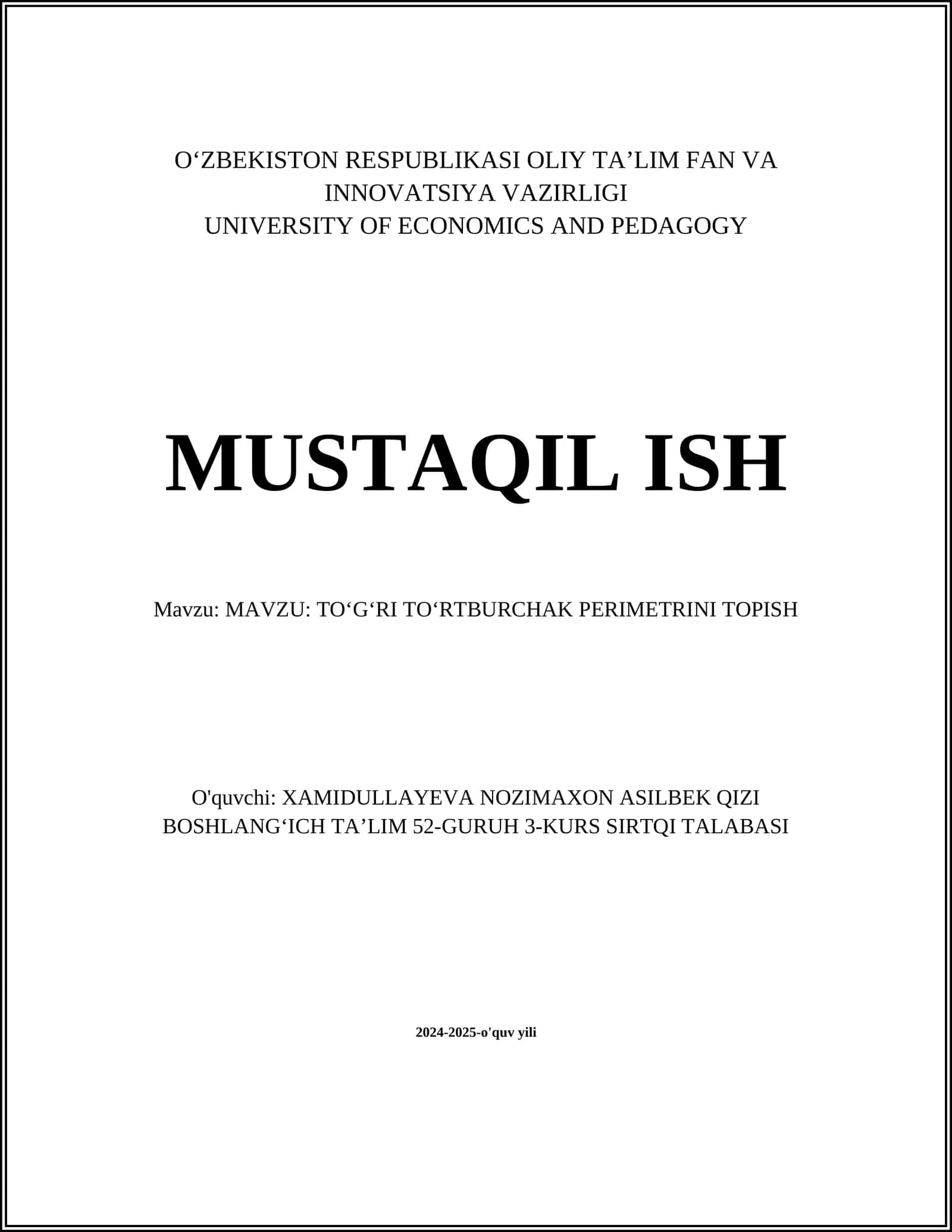 TOʻGʻRI TOʻRTBURCHAK PERIMETRINI TOPISH 1