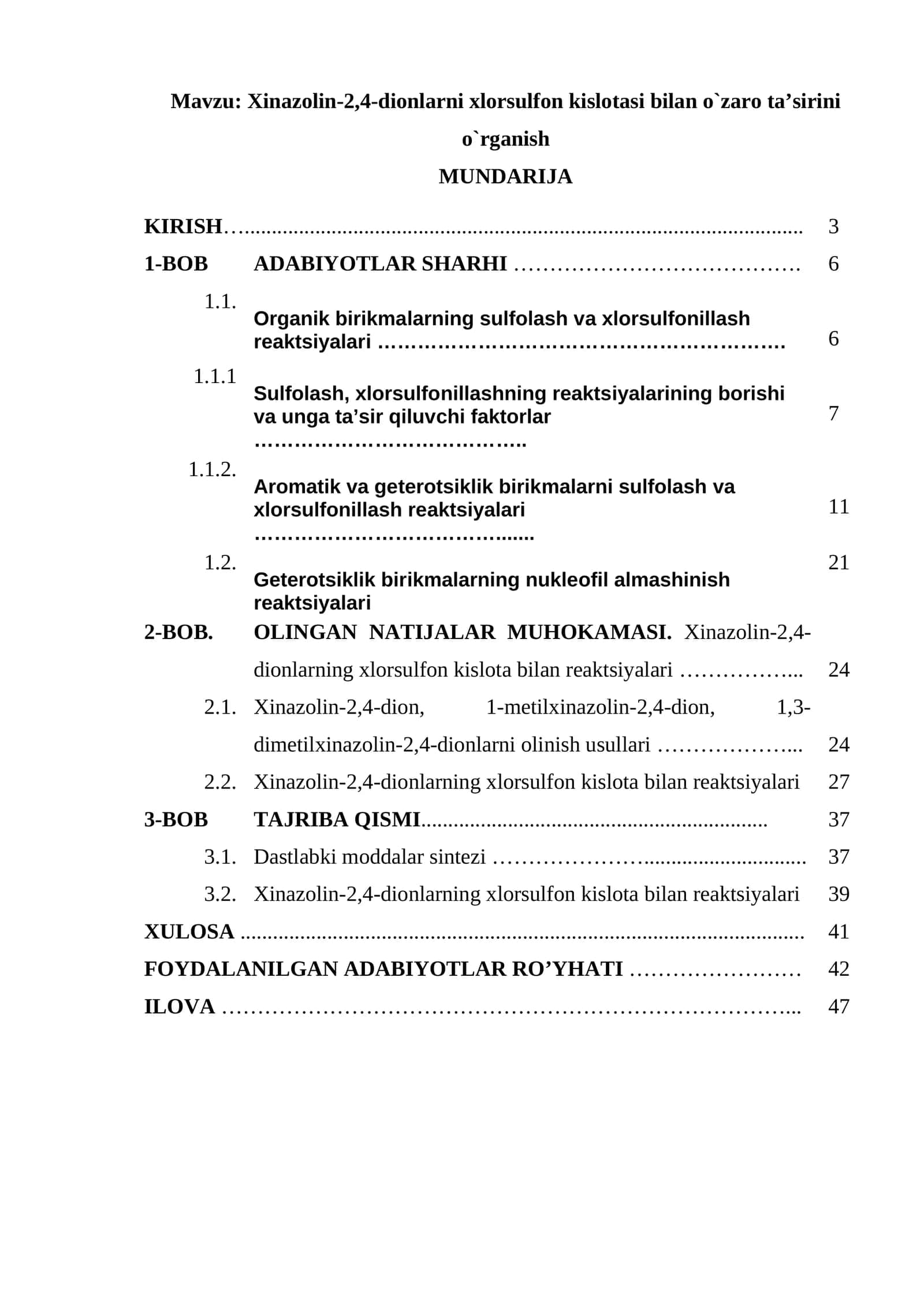 Xinazоlin-2,4-diоnlarni хlоrsulfоn kislоtasi bilan o`zarо ta’sirini o`rganish 1