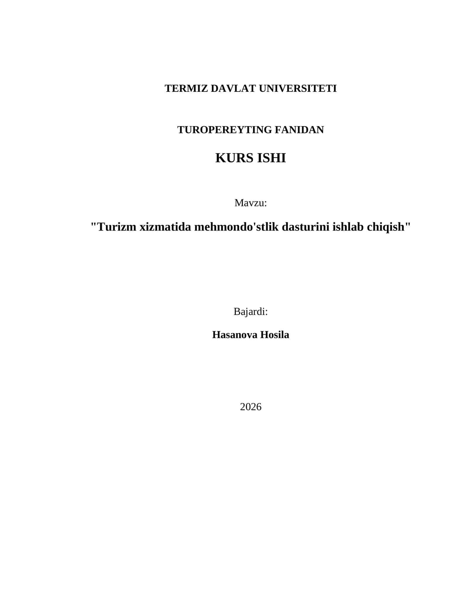 "Turizm xizmatida mehmondo'stlik dasturini ishlab chiqish" 1