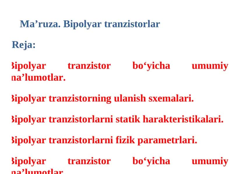 Bipolyar tranzistor р-n-рvan-р-no‘tkazuvchanlikka ega bo‘lgan uchta yarim o‘tkazgich 1
